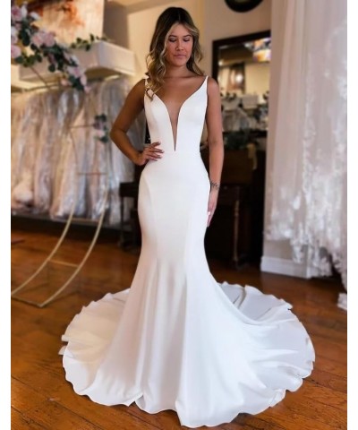 Satin Wedding Dresses for Bride 2024 Mermaid V Neck Bridal Gowns Spaghetti Straps Wedding Gowns Ivory1 $47.31 Dresses