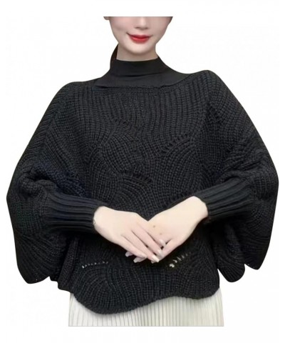 Winter Knitwear Oversize Sweater Women's Fashion Hollow Out Thick Line Turtleneck Sweater Bat Sleeve Womens Black $9.19 Activ...