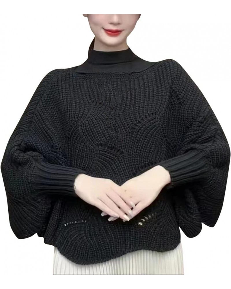 Winter Knitwear Oversize Sweater Women's Fashion Hollow Out Thick Line Turtleneck Sweater Bat Sleeve Womens Black $9.19 Activ...