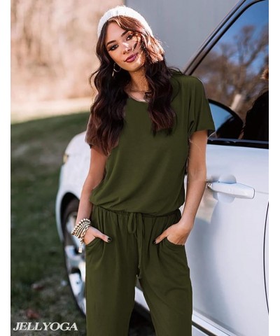 Lounge Sets for Women 2 Piece Short Sleeve Long Pants Matching Loungewear Pajama Set Sweatsuits Jogger Outfits Dark Green $20...