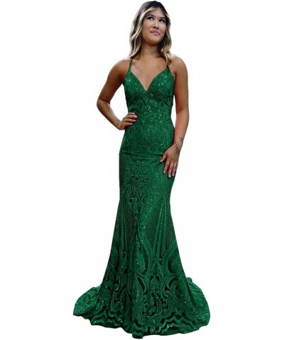 Sequin Mermaid Prom Dresses 2024 Spaghetti Straps Lace Applique Formal Evening Gowns Emerald Green $42.50 Dresses