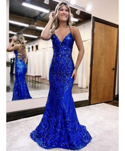 Sequin Mermaid Prom Dresses 2024 Spaghetti Straps Lace Applique Formal Evening Gowns Emerald Green $42.50 Dresses