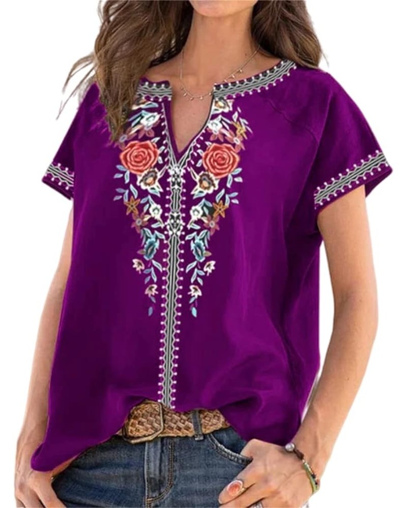 Women's Boho Mexican Peasant Blouses V Neck Floral Short Sleeve Summer Plus Size Tops Shirts Purple $10.19 Blouses