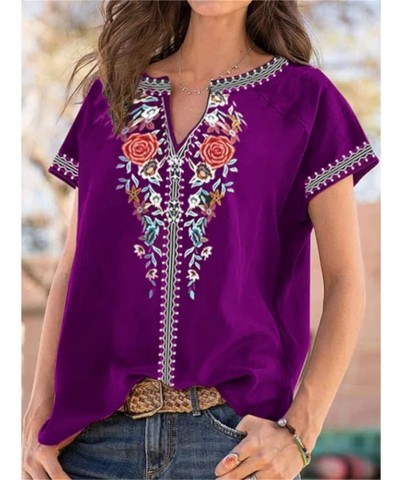 Women's Boho Mexican Peasant Blouses V Neck Floral Short Sleeve Summer Plus Size Tops Shirts Purple $10.19 Blouses