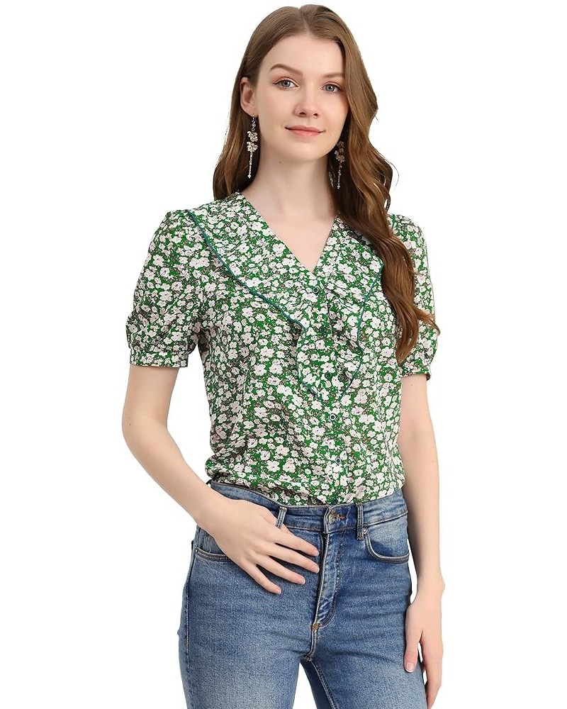 Women's 2023 Summer Short Sleeves V Neck Ruffle Floral Button Down Shirt Top Green-white $14.29 Blouses