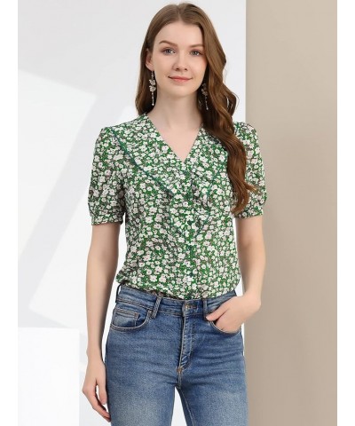 Women's 2023 Summer Short Sleeves V Neck Ruffle Floral Button Down Shirt Top Green-white $14.29 Blouses