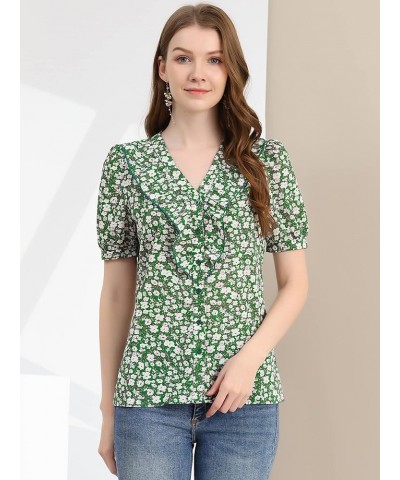 Women's 2023 Summer Short Sleeves V Neck Ruffle Floral Button Down Shirt Top Green-white $14.29 Blouses