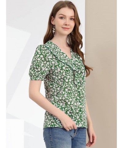 Women's 2023 Summer Short Sleeves V Neck Ruffle Floral Button Down Shirt Top Green-white $14.29 Blouses