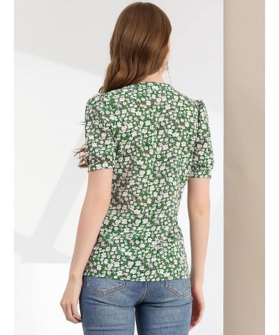 Women's 2023 Summer Short Sleeves V Neck Ruffle Floral Button Down Shirt Top Green-white $14.29 Blouses