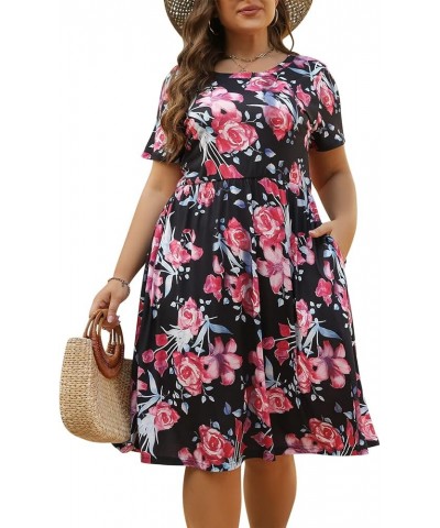 Women's Round Neck Summer Casual Plus Size Fit and Flare Midi Dress with Pocket NEM169 Black Red $21.08 Dresses