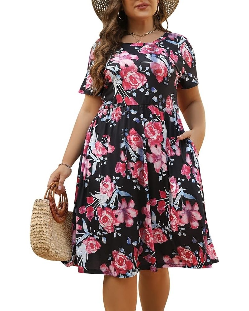 Women's Round Neck Summer Casual Plus Size Fit and Flare Midi Dress with Pocket NEM169 Black Red $21.08 Dresses