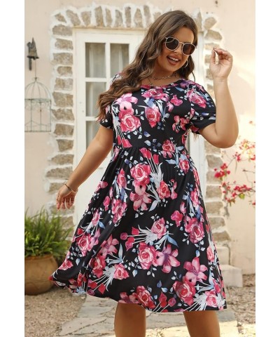 Women's Round Neck Summer Casual Plus Size Fit and Flare Midi Dress with Pocket NEM169 Black Red $21.08 Dresses