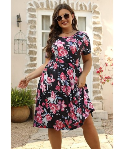 Women's Round Neck Summer Casual Plus Size Fit and Flare Midi Dress with Pocket NEM169 Black Red $21.08 Dresses