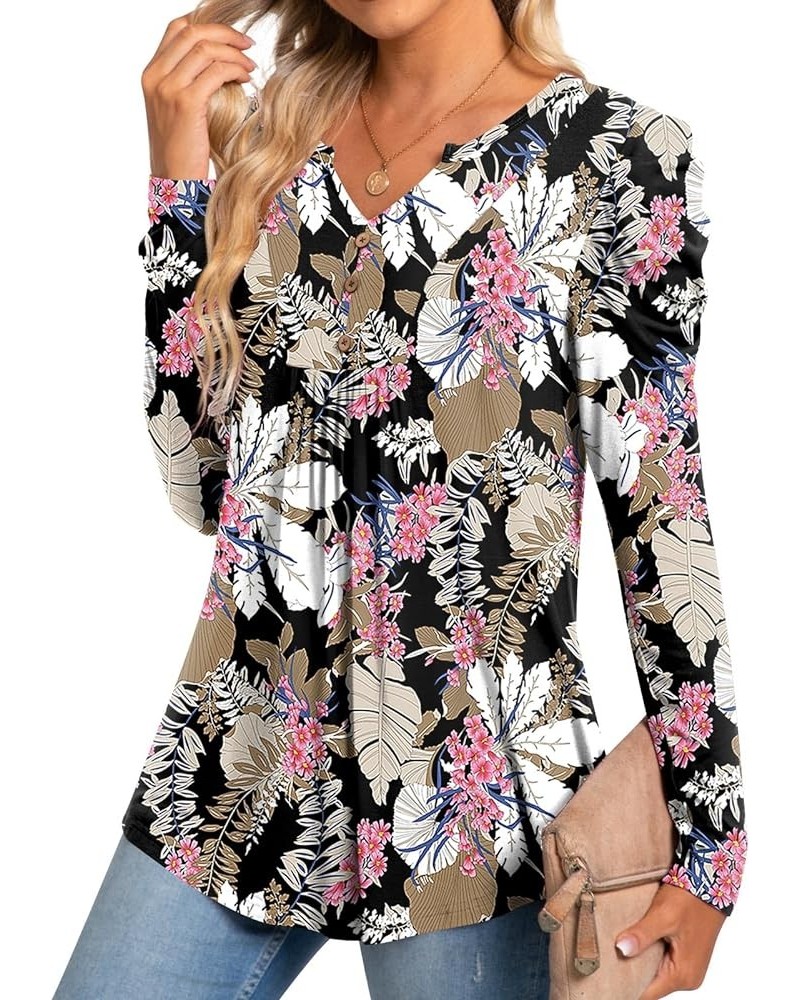 Womens Casual Fall Top V Neck Loose Tunic Button Pleated Blouses Large Leaf Pink Flower $12.50 Blouses