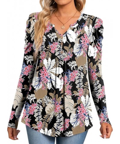 Womens Casual Fall Top V Neck Loose Tunic Button Pleated Blouses Large Leaf Pink Flower $12.50 Blouses