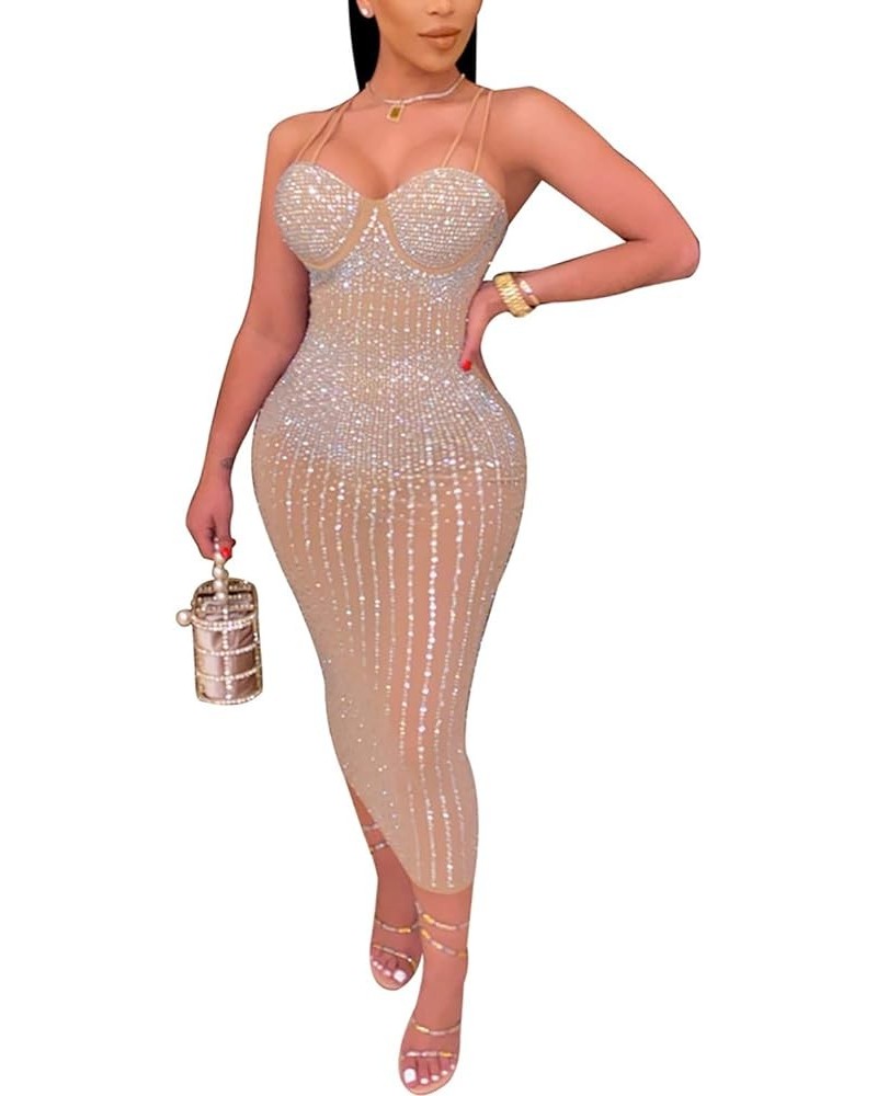 Women's Rhinestone Bodycon Dresses Sexy Mesh Sheer See Through Nightclub Party Dress 2-apricot $24.48 Dresses