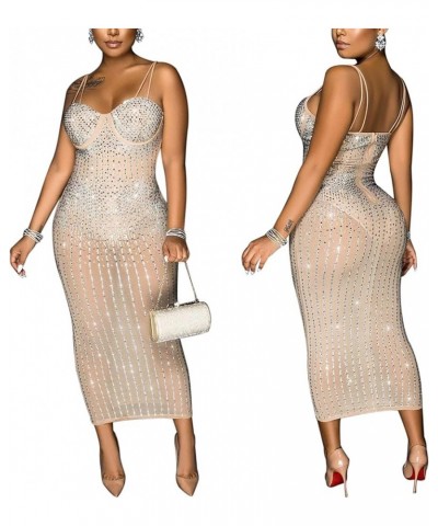 Women's Rhinestone Bodycon Dresses Sexy Mesh Sheer See Through Nightclub Party Dress 2-apricot $24.48 Dresses