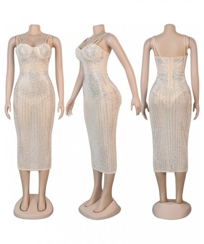 Women's Rhinestone Bodycon Dresses Sexy Mesh Sheer See Through Nightclub Party Dress 2-apricot $24.48 Dresses