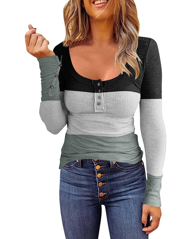 Women's Long Sleeve Henley T Shirts Button Down Slim Fit Gradient Tops Scoop Neck Ribbed Knit Splicing Shirts 30003grey $10.5...