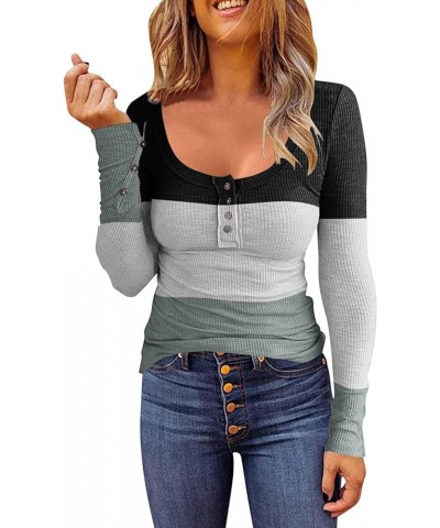 Women's Long Sleeve Henley T Shirts Button Down Slim Fit Gradient Tops Scoop Neck Ribbed Knit Splicing Shirts 30003grey $10.5...