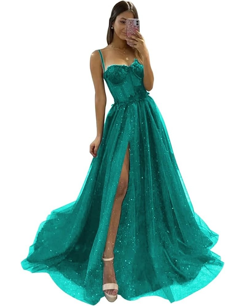 Glitter Tulle Ruffled Prom Dress Long Ball Gown 3D Lace Flower Appliques Wedding Dress Slit Formal Evening Dresses 2024 Dark ...