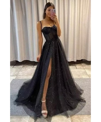 Glitter Tulle Ruffled Prom Dress Long Ball Gown 3D Lace Flower Appliques Wedding Dress Slit Formal Evening Dresses 2024 Dark ...