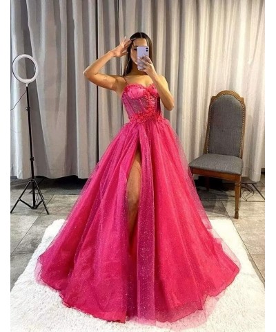 Glitter Tulle Ruffled Prom Dress Long Ball Gown 3D Lace Flower Appliques Wedding Dress Slit Formal Evening Dresses 2024 Dark ...