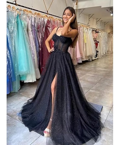 Glitter Tulle Ruffled Prom Dress Long Ball Gown 3D Lace Flower Appliques Wedding Dress Slit Formal Evening Dresses 2024 Dark ...