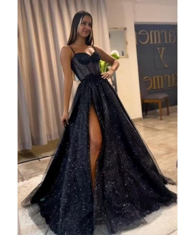 Glitter Tulle Ruffled Prom Dress Long Ball Gown 3D Lace Flower Appliques Wedding Dress Slit Formal Evening Dresses 2024 Dark ...