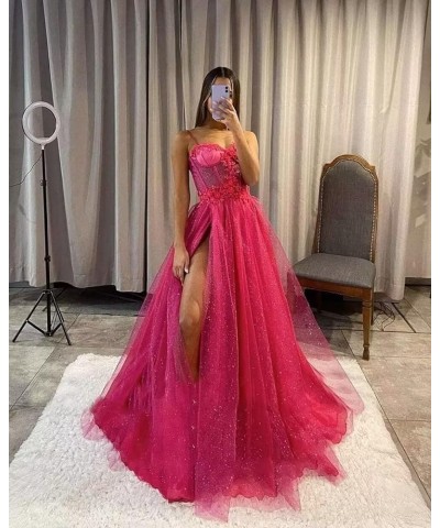 Glitter Tulle Ruffled Prom Dress Long Ball Gown 3D Lace Flower Appliques Wedding Dress Slit Formal Evening Dresses 2024 Dark ...