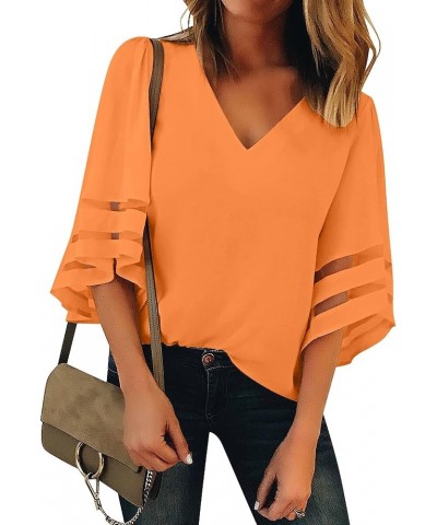 Dressy Tops for Women Women's Summer Casual V Neck Mesh Panel 3/4 Bell Sleeve Loose Blouse Top V Neck-flame Orange $19.46 Blo...