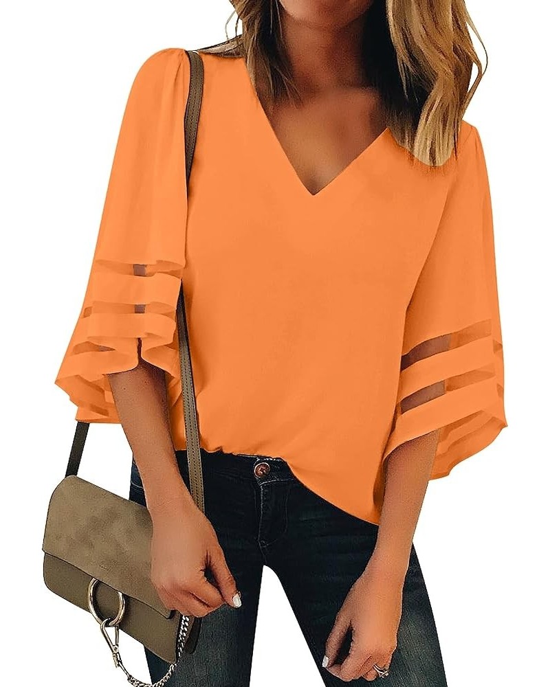 Dressy Tops for Women Women's Summer Casual V Neck Mesh Panel 3/4 Bell Sleeve Loose Blouse Top V Neck-flame Orange $19.46 Blo...