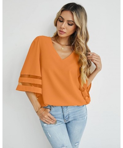 Dressy Tops for Women Women's Summer Casual V Neck Mesh Panel 3/4 Bell Sleeve Loose Blouse Top V Neck-flame Orange $19.46 Blo...