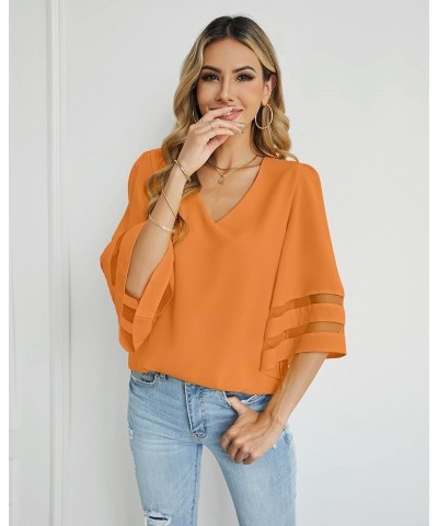 Dressy Tops for Women Women's Summer Casual V Neck Mesh Panel 3/4 Bell Sleeve Loose Blouse Top V Neck-flame Orange $19.46 Blo...