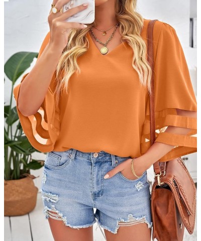 Dressy Tops for Women Women's Summer Casual V Neck Mesh Panel 3/4 Bell Sleeve Loose Blouse Top V Neck-flame Orange $19.46 Blo...