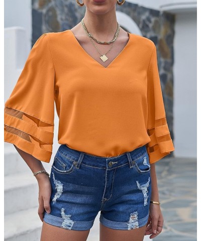 Dressy Tops for Women Women's Summer Casual V Neck Mesh Panel 3/4 Bell Sleeve Loose Blouse Top V Neck-flame Orange $19.46 Blo...