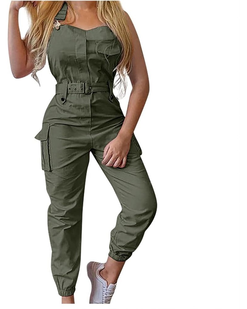 Womens Jumpsuits Casual Trendy Work Overalls Sleeveless Backless Jumpsuit Plain Suspender Rompers with Pockets 01-green $13.1...