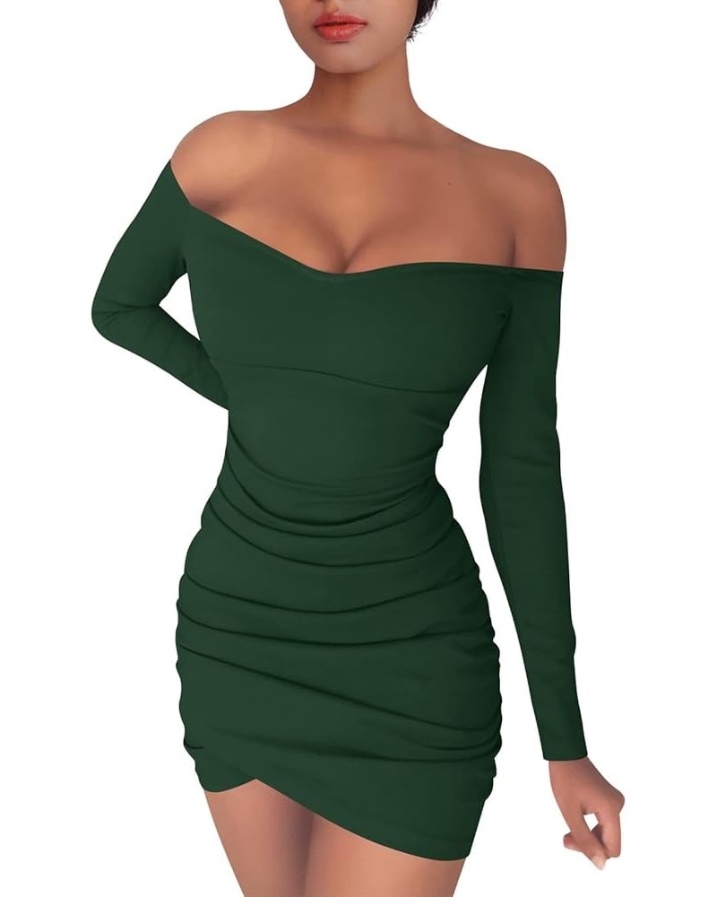 Women's Sexy Off Shoulder Long Sleeve Bodycon Ruched Cocktail Party Club Mini Dress Dark Green $19.24 Dresses