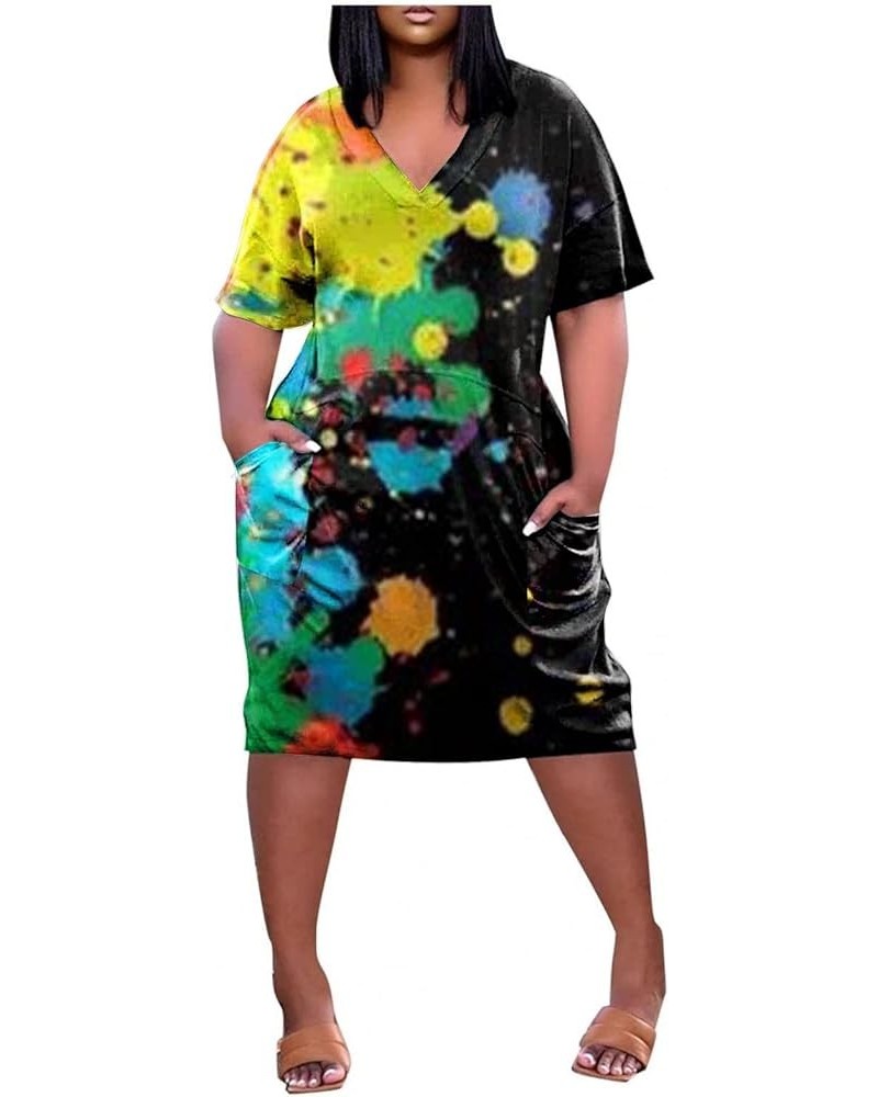 Womens Spring Fashion 2023 Dresses, Women's Summer Plus Size V-Neck Short Sleeve Knee Pocket Printed Casual Dress 1-multicolo...