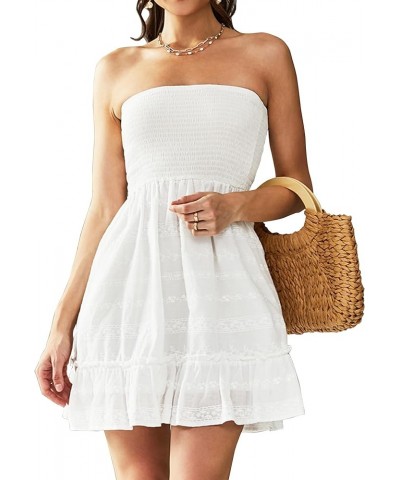 White Strapless Mini Dress Elasticated Waistband Twist Flowy Mini Dress for Summer 0299 White-4 $19.23 Dresses