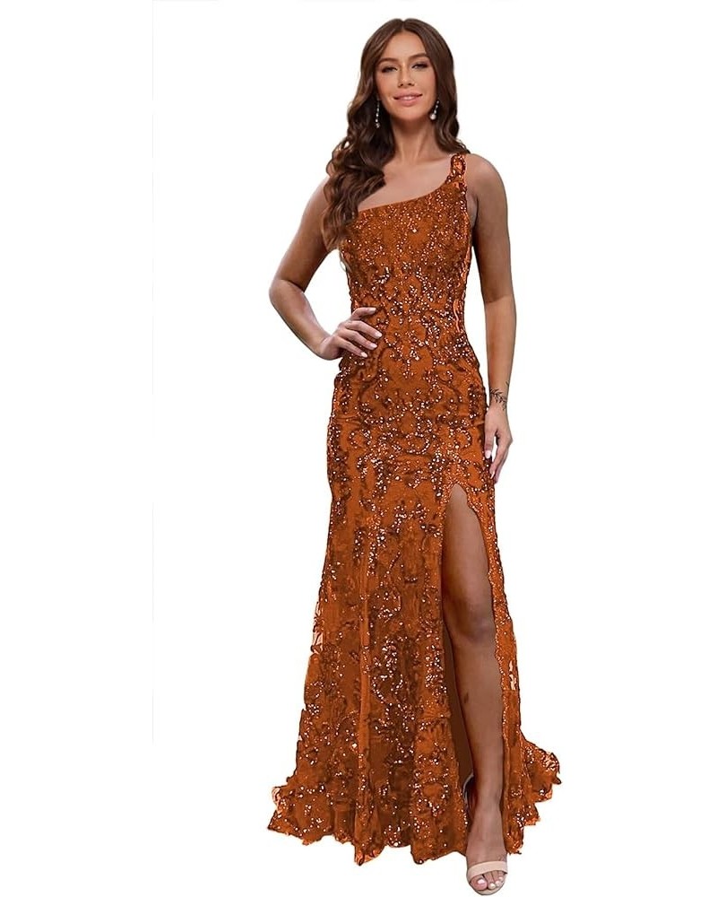 Sparkly Sequin Mermaid Prom Dress 2024 with Slit for Women One Shoulder Formal Evening Gown YZTS141 Burnt Orange $34.50 Dresses