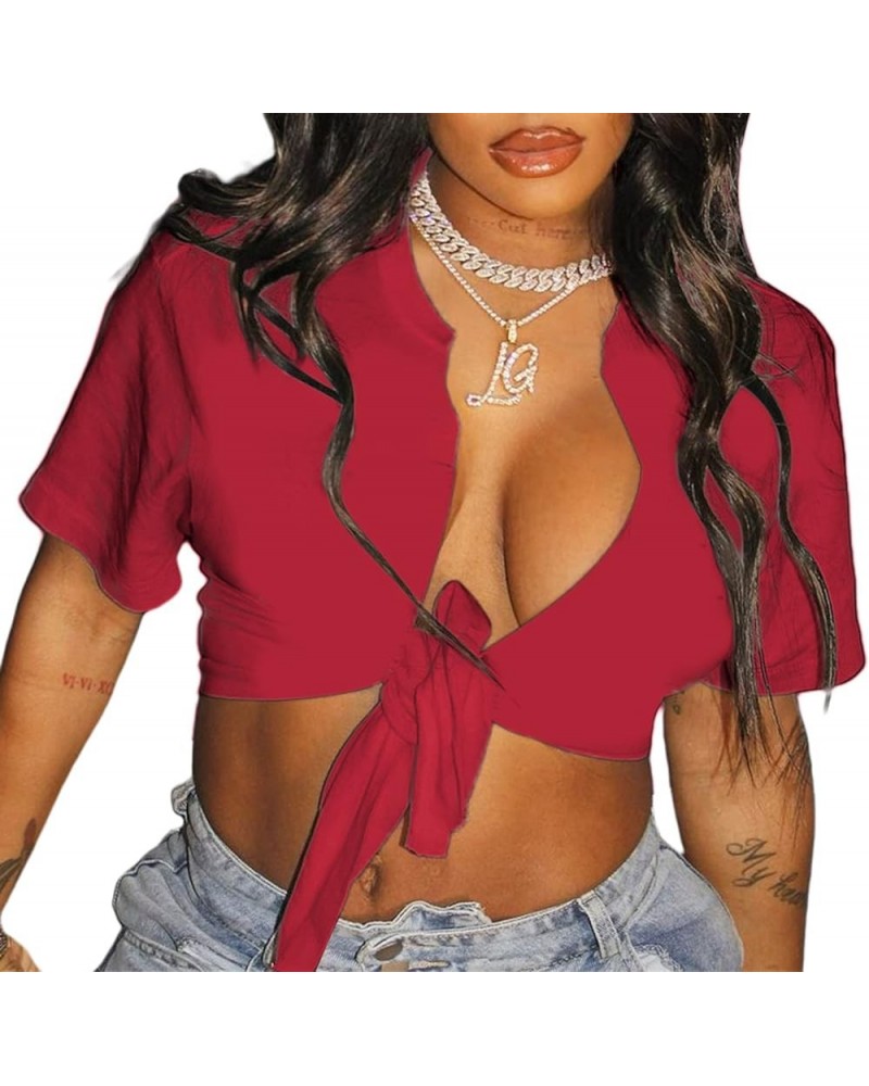 Womens Sexy Tie Front Crop Top Short Sleeve Casual Summer V Neck T Shirt St-red $8.99 T-Shirts