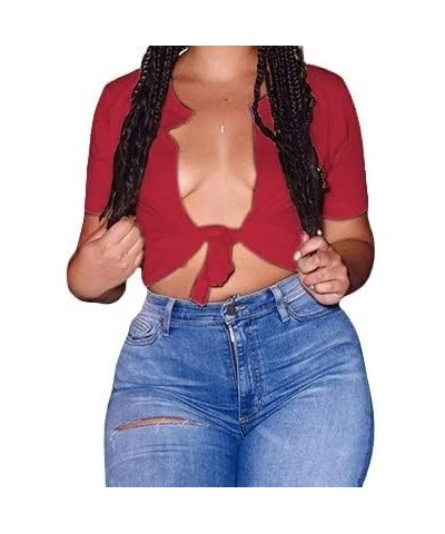 Womens Sexy Tie Front Crop Top Short Sleeve Casual Summer V Neck T Shirt St-red $8.99 T-Shirts