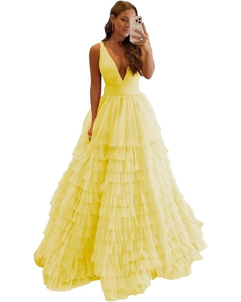 Tiered Tulle Prom Dresses for Women Long V Neck Ball Gown Ruffle Layered Formal Evening Dress Yellow $35.52 Dresses