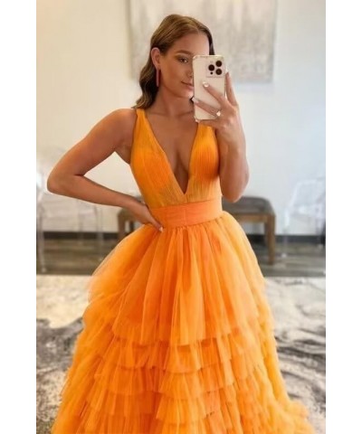 Tiered Tulle Prom Dresses for Women Long V Neck Ball Gown Ruffle Layered Formal Evening Dress Yellow $35.52 Dresses