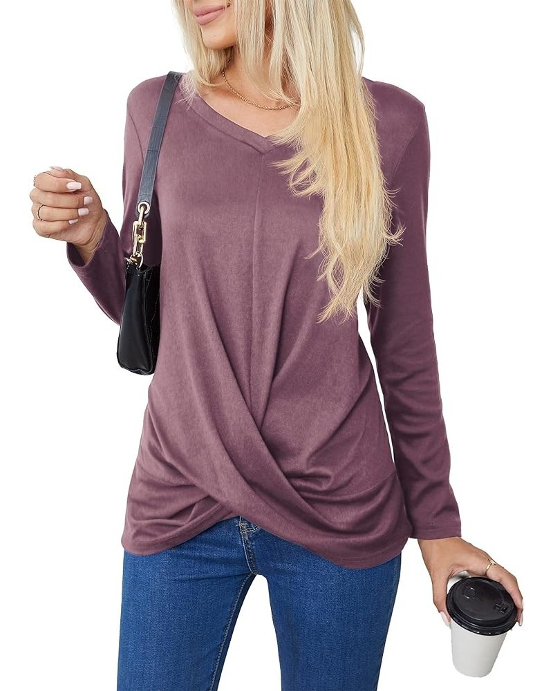 Women's Long Sleeve Tops 2024 Fall Winter Fashion Tunics Casual Front Twist T-Shirt V Neck Tunics Tops Purple Red $12.59 Tops