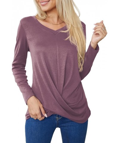 Women's Long Sleeve Tops 2024 Fall Winter Fashion Tunics Casual Front Twist T-Shirt V Neck Tunics Tops Purple Red $12.59 Tops