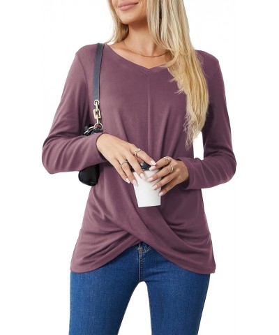 Women's Long Sleeve Tops 2024 Fall Winter Fashion Tunics Casual Front Twist T-Shirt V Neck Tunics Tops Purple Red $12.59 Tops