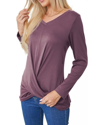 Women's Long Sleeve Tops 2024 Fall Winter Fashion Tunics Casual Front Twist T-Shirt V Neck Tunics Tops Purple Red $12.59 Tops