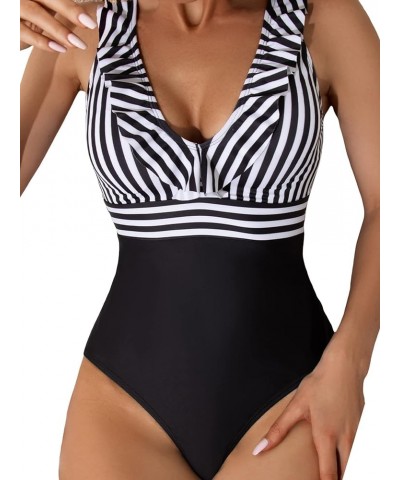 Women's Striped V Neck One Piece Swimsuit Ruffle Trim Sleeveless Bathing Suit Black and White $17.59 Swimsuits